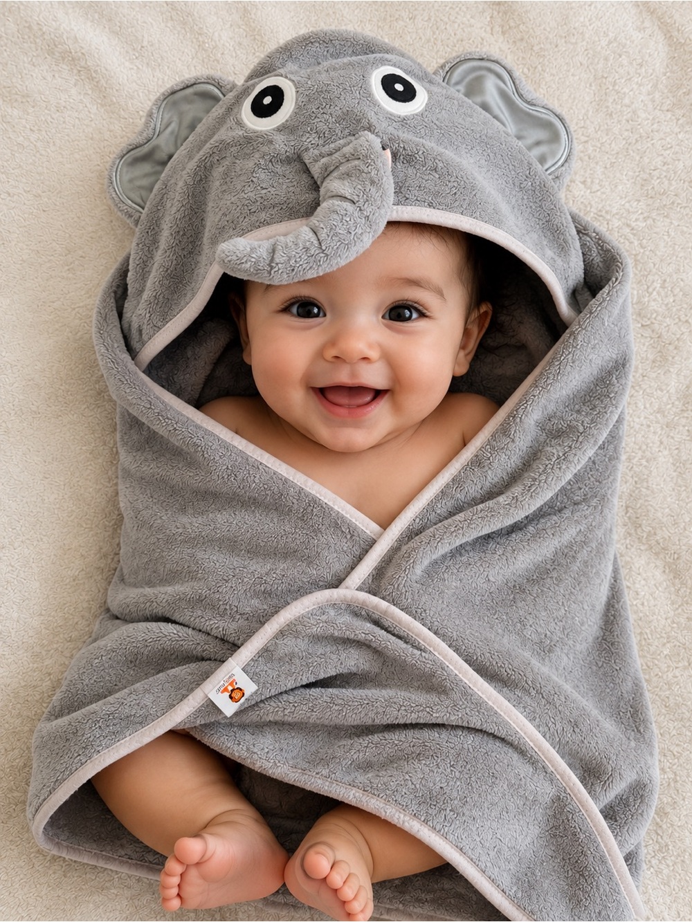 Plush Grey Elephant Hooded Baby Bath Towel by